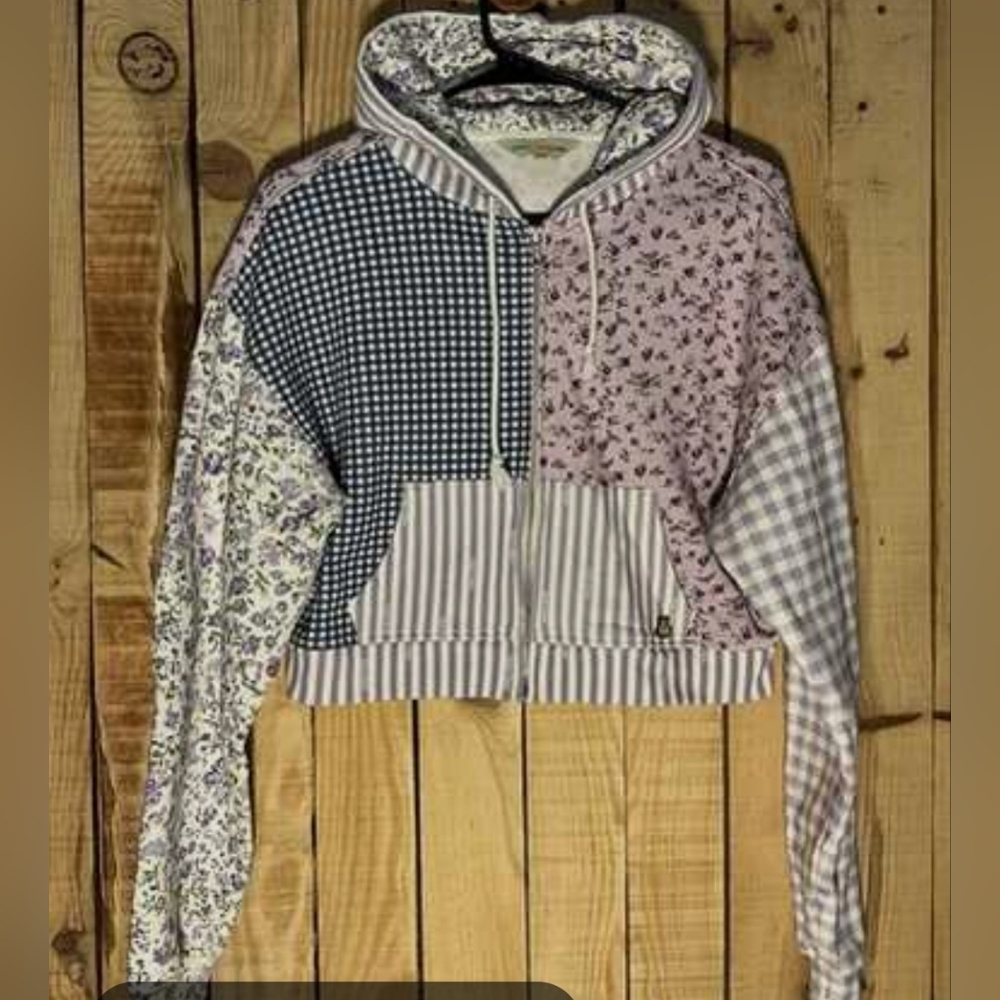 Teddy Fresh Patchwork Floral & Gingham Hooded Sweater in Pink, Navy, Cream